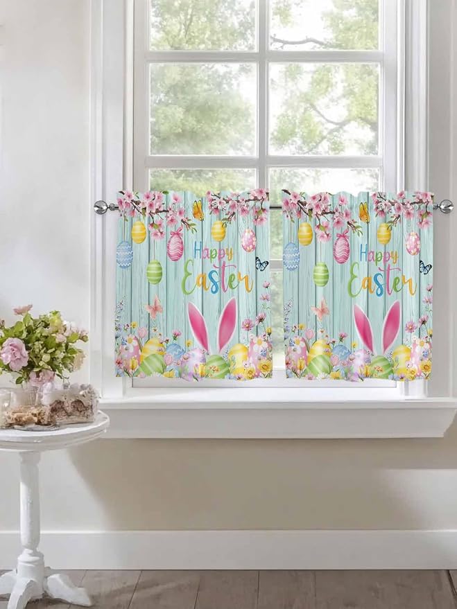Happy Easter Half Window Curtain 36 Inches Long, Spring Bunny Eggs Flower Teal - Image 7