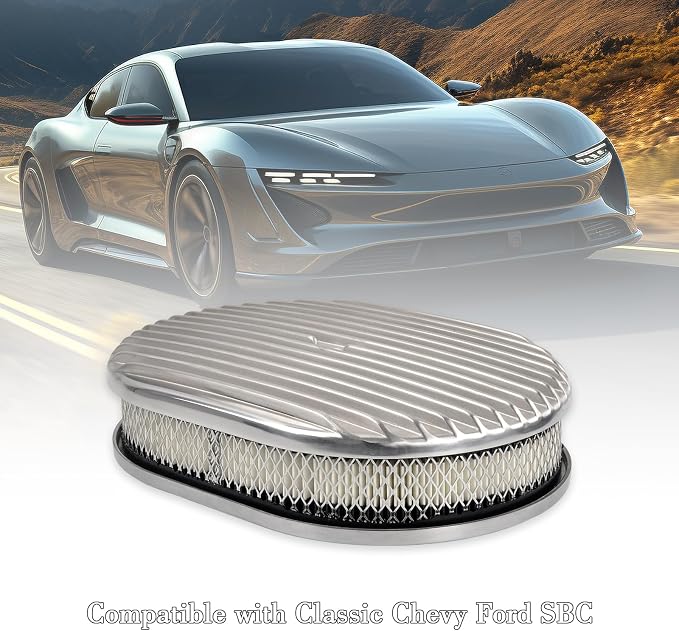 12" Air Cleaner Kit Polished Aluminum Classic Nostalgia Oval Fully Finned - Image 7