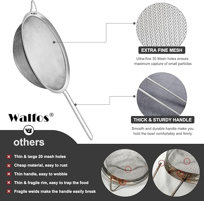 Walfos 8.6 Inch Large Fine Mesh Strainer, Kitchen Metal Food Strainers - Image 7