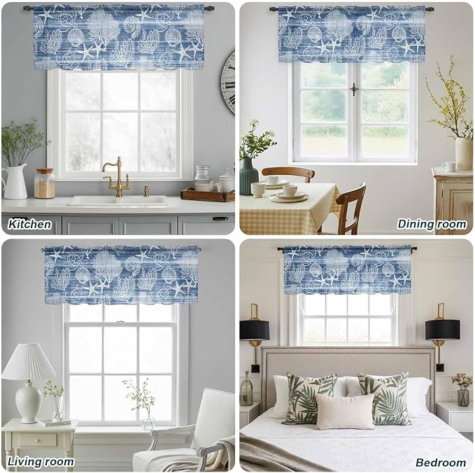 Navy Blue Retro Summer Sheer Valance Curtains, Sea Turtle Starfish Coral Ocean - Image 9