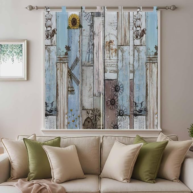 Blue Grey Wooden Bathroom Curtains 63 Inch Length, Window Curtains Tab Top - Image 9