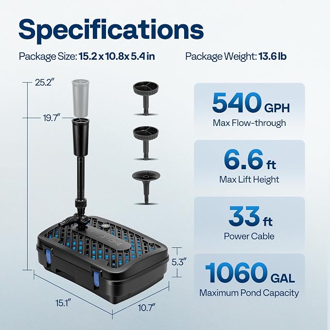 VIVOHOME All-in-One Pond Filter Fountain System Kits, 540 GPH Submersible Water - Image 7