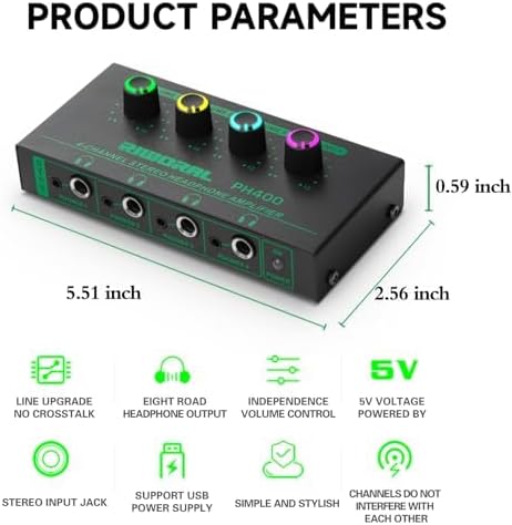 Riworal 4 Channels Headphone Amplifier with 3.5mm/6.35mm/ TRS Jack Input for Dj Mixer Amps Splitter with 8 Output Ports Separate Volume Control Output for Speaker Or Monitor Headphone
