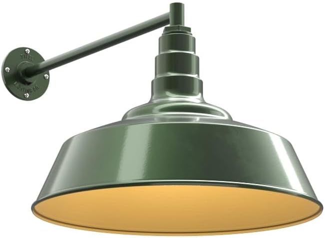 Steel Lighting Co. Large Outdoor Barn Light |Garage Light Fixture | Made in America from 18-Gauge Steel | 20" Dome | 20" Straight Arm Hunter Green Exterior/Brass Interior