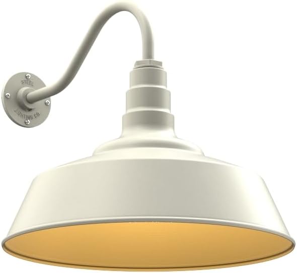 Steel Lighting Co. Large Outdoor Barn Light | Gooseneck Light Fixture | Made in America from 18-Gauge Steel | 20" Dome | 16" Gooseneck Cream Exterior/Brass Interior