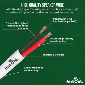 fast Cat. Speaker Wire 14 Guage 4C, UL Listed & CMR/CL3R-FT4 Rated - Speaker Cable w/PVC Jacket, 100% Oxygen-Free Pure Bare Copper - (105) HighFlex 14 Guage Wire - in-Wall Use-500ft Bulk Cable, White