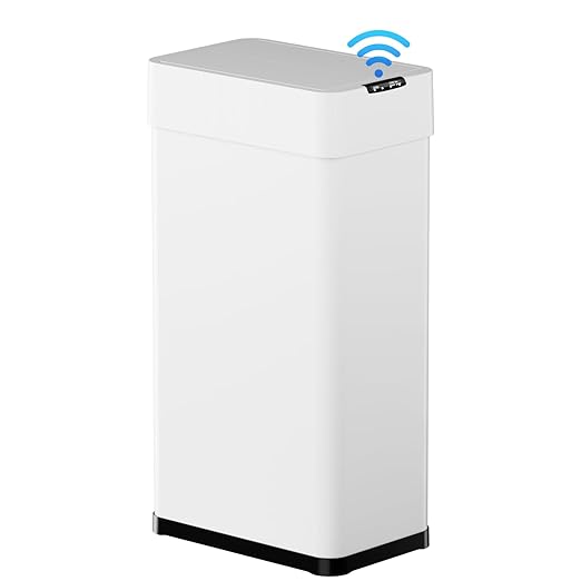 TLSUNNY 13.2 Gallon Automatic Trash Can, Stainless Steel Motion Sensor Garbage bin, Smart Trash Can W/Butterfly Lid, Bag Retainer Ring and Display Light for Living Room,Kitchen,Office (White, 50L)