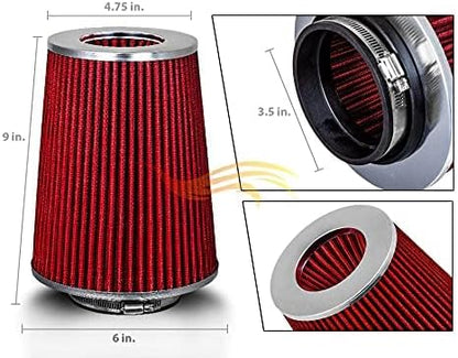 RED 3.5" 89 mm Inlet Truck Air Cone Replacement Performance Washable Clamp-On - Image 2