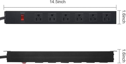 2Pack Metal Wall Mount Power Strip, Mountable Power Outlet with 6 AC Outlets, Aluminum Alloy Mount Power Socket with Switch, 15 FT SJT 3/C 14AWG Power Cord, 15A 125V 1875W (6AC)