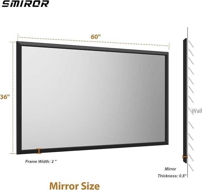 SMIROR Matte Black Bathroom Mirror for Over Sink 60x 36 inch, Metal Thick Frame Rectangle Vanity Mirror for Wall, Anti-Rust, Horizontally or Vertically Mounted