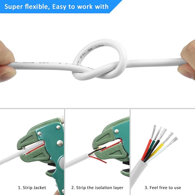 18 Gauge 5 Conductor Electrical Wire, 16.4FT White Stranded Low Voltage 18/5 Cable PVC Case, 18 AWG Tinned Copper 5 Wire Cable Extension Power Cable for Strips LED Lamp Lighting Automotive