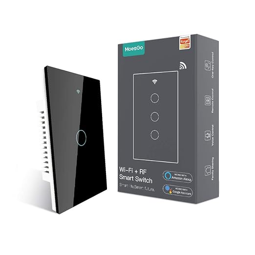 MoesGo WiFi Smart Wall Light Switch,Glass Panel, Multi-Control(3 Way), 2.4GHz Wi-Fi Touch Switches, Neutral Wire Required, Remote Control Smart Life/Tuya App, Work with Alexa, Google Home Black 1 Gang