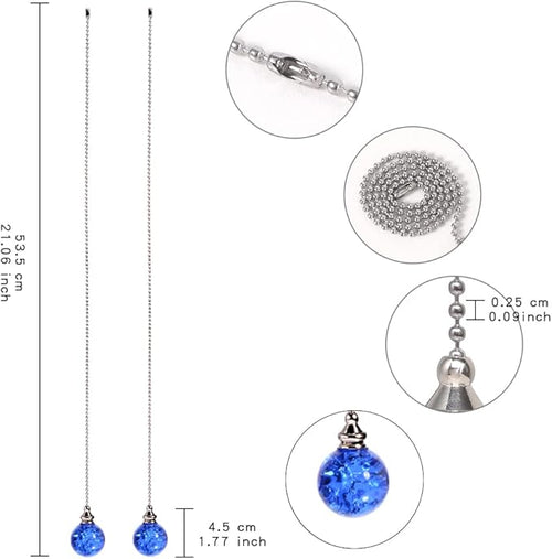 2PCS Blue Pull Chain Crystal Glass Ice Cracked Ball Pull Chain for Ceiling Fan Light Decoration 50cm Extension Chain
