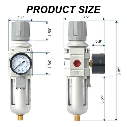 AIRZOE 3/8" NPT Air Filter Regulator Combo Piggyback, 5 Micron Brass Element - Image 2