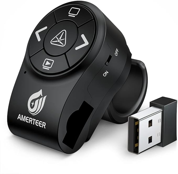 AMERTEER Wireless Presentation clicker for PowerPoint Presentations, RF 2.4GHz Finger Ring Remote, PPT Slides Clicker Pen Rechargeable