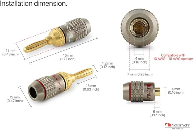 Nakamichi FanLock Excel Series 24k Gold Plated Banana Plugs 10 AWG - 18 AWG Gauge Size 4mm for Speakers Amplifier Hi-Fi Stereo Home Theatre Radio Audio Wire Cable Quick Connector, 24 Pcs (12-Pairs)