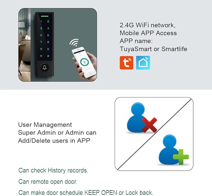 MENGQI-CONTROL WiFi Remote Manage IP66 Watreproof Access Control Keypad 600lbs Electric Magnetic Lock110-240V Power Supply Box(Support Backup Battery) Smart Phone App Remote ADD/Delete User