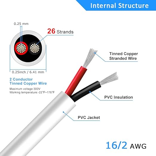 DEKIEVALE 16 Gauge 2 Conductor Electrical Wire, 32.8FT White Stranded Low Voltage 16/2 Cable PVC Case, 16 AWG Tinned Copper 2 Wire Extension Power Cable for LED Lamp Lighting, Automotive