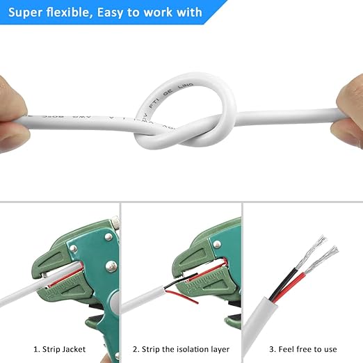 DEKIEVALE 16 Gauge 2 Conductor Electrical Wire, 32.8FT White Stranded Low Voltage 16/2 Cable PVC Case, 16 AWG Tinned Copper 2 Wire Extension Power Cable for LED Lamp Lighting, Automotive