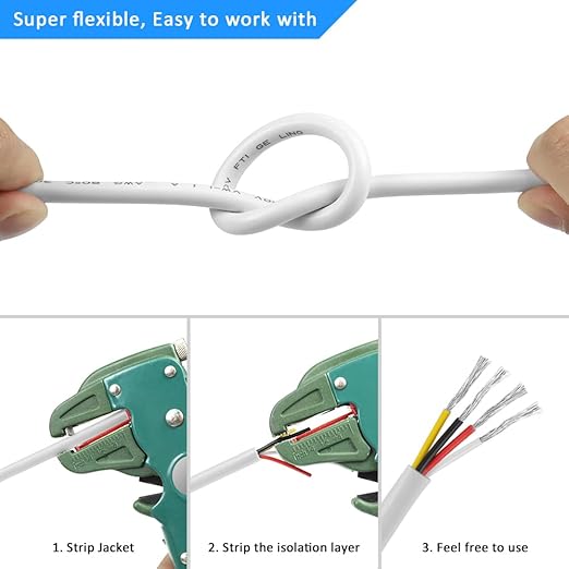 22 Gauge 4 Conductor Electrical Wire, 16.4FT White Stranded Low Voltage 22/4 Cable PVC Case, 22 AWG Tinned Copper 4 Wire Extension Power Cable for LED Lamp Lighting, Automotive
