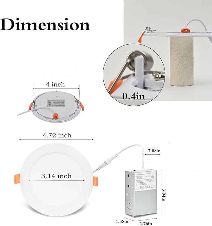 MKUJOO 24 Pack 4 Inch Ultra-Thin LED Recessed Ceiling Light with Junction Box,Panel Light,Daylight, 9.5W,2700K/3000K/3500K/4000K/5000K Selectable Dimmable Downlight ETL&FCC&CE Energy Star Certified