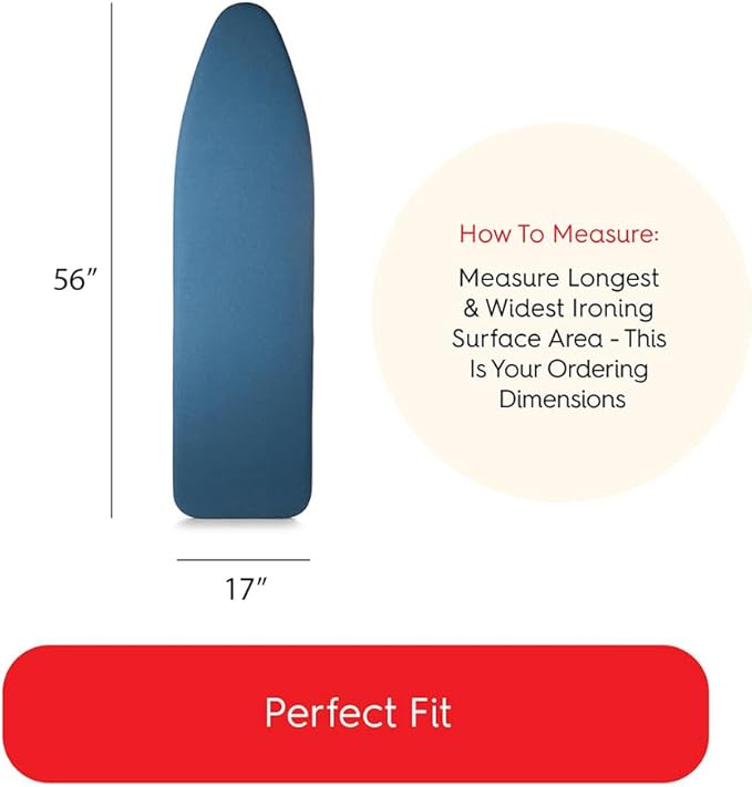 TIVIT Ironing Board Cover 17 x 56, Performance Grade Titanium Coated Pro Grip Pad & Covers - Superior Scorch & Stain Resistance, High Heat Reflection, 3 Padded Layers 3 Fastener Straps - Made In Italy