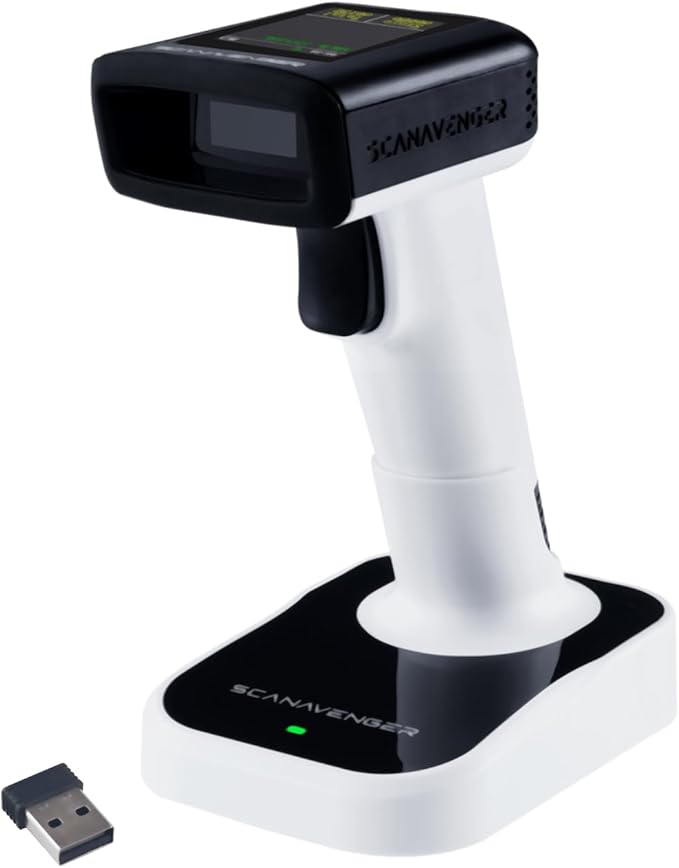 ScanAvenger Wireless Portable 1D with Stand Bluetooth Barcode Scanner: Hand Scanner 3-in-1, Cordless, Rechargeable Scan Gun for Inventory (1D&2D with LCD Display and Upgraded Next Gen Stand)
