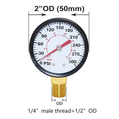 Joywayus Pressure Gauge 0 to 300 PSI Brass 1/4" Male NPT Thread Lower Mount - Image 2