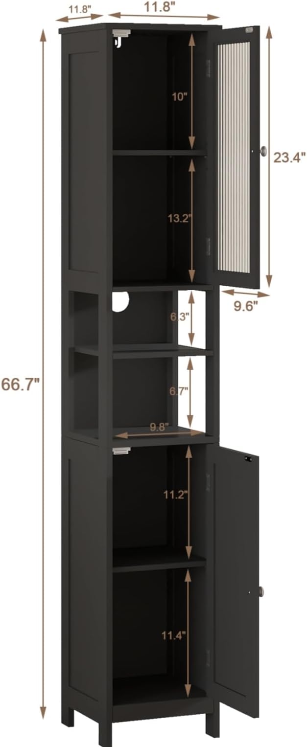ChooChoo Tall Bathroom Storage Cabinet with Light，5-Tier Narrow Bathroom Cabinet with 2 Doors, Slim Storage Linen Cabinet Freestanding with Adjustable Shelves for Space Saving, Black