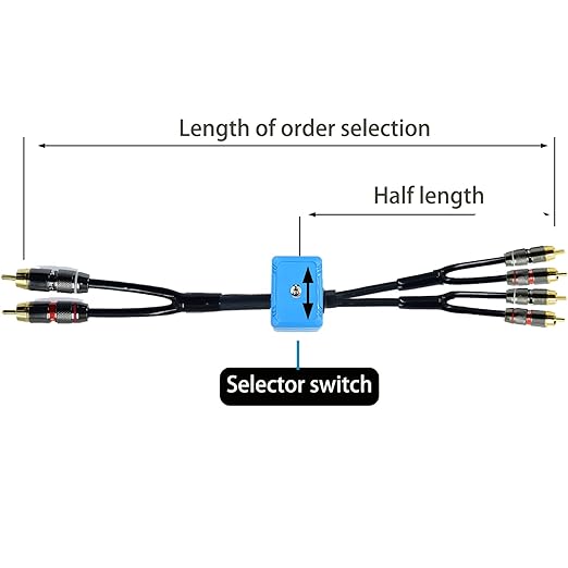 10ft Sound Channel swicher 2 male to 4 Male RCA Switch Selector 2 input 1 Output R/L Stereo Audio 1 in 2 Out Stereo Audio Splitter with Mute Button No External Power Required CD Speaker DVD Playe