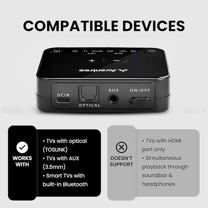 Avantree HT41899 Plus - Dual Qualcomm-Powered Bluetooth 5.3 Headphones & Transmitter for Wireless TV Watching with aptX Adaptive, Individual Volume Controls, Optical Support, 50hr