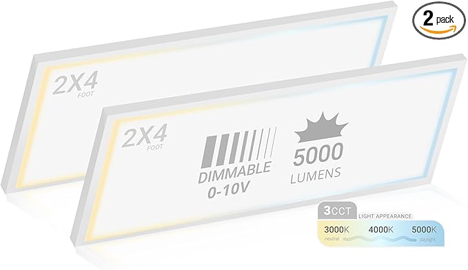 NUWATT 2 Pack, 2x4 LED Flat Panel Light, 120-277V, 3CCT 3000K/4000K/5000K Selectable, 5500LM, 50W, Internal Driver, Dimmable 0-10V, 2 x 4 FT Surface Mount LED Panel, 1 Inch Thin 2x4 Ceiling Light