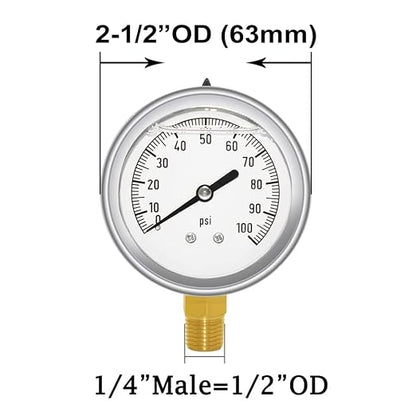 Joywayus Pressure Gauge 0-100 PSI Brass 1/4" NPT Male Thread Lower Mount - Image 2