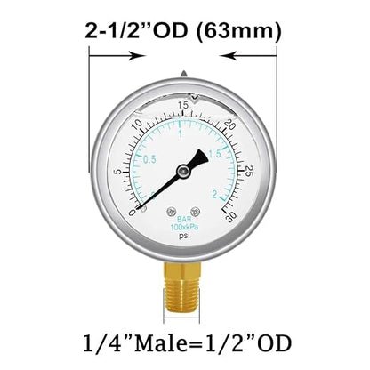 Joywayus Pressure Gauge 0-30 PSI Brass 1/4" NPT Male Thread Lower Mount - Image 2