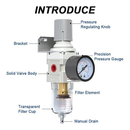 AIRZOE 1/4"NPT Air Filter Regulator Combo Piggyback, 5 Micron Brass Element - Image 3
