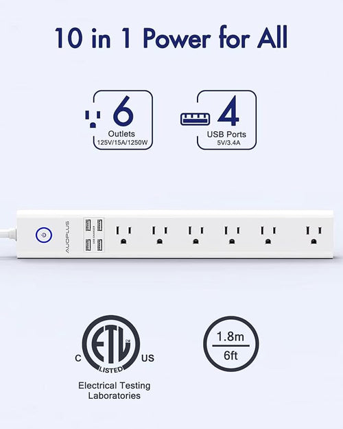 2 Pack Power Strip Surge Protector Flat Plug - 6 Widely Spaced Outlets 4 USB Charging Ports, 2100J/10A with 6Ft Long Extension Cord, Overload Surge Protection, Wall Mount for Home Office