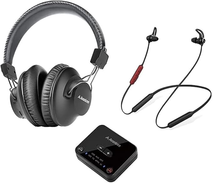 Avantree D4169 Dual Wireless Headphones & Earbuds Set for TV Watching with Bluetooth Transmitter, Personalized Volume Control, Plug-n-Play, No Audio Delay