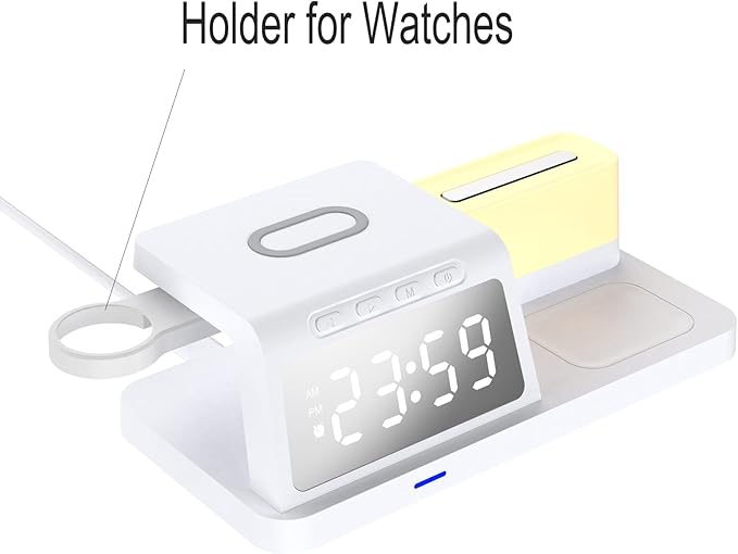 FJHBL Multi-Functional Wireless Charger with Clock -HT309(White), Alarm, Color-Switchable Night Light, 15W Wireless Charging, Compatible with Almost All Qi-Enabled Phones, Watches, and Earbuds.