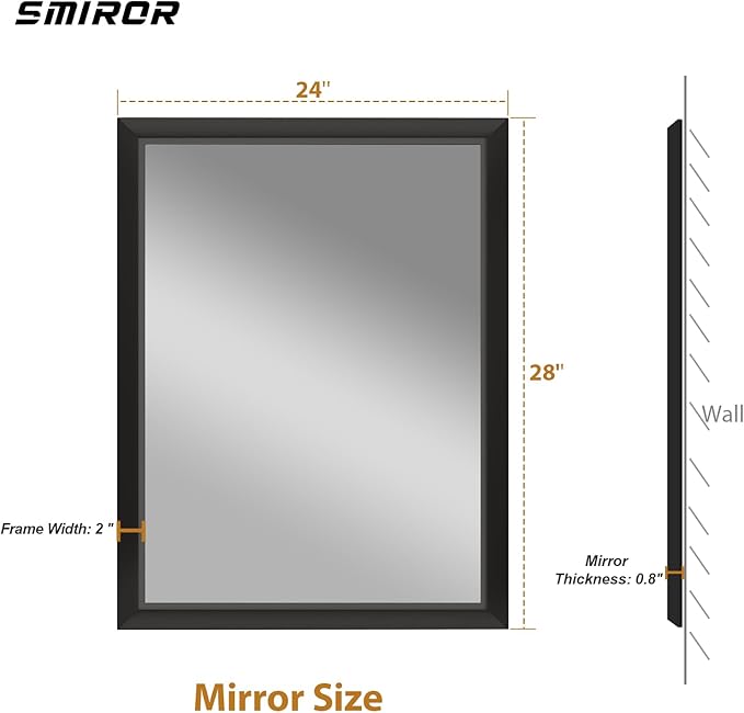 SMIROR Matte Black Bathroom Mirror for Over Sink 24x 28 inch, Metal Thick Frame Rectangle Vanity Mirror for Wall, Anti-Rust, Horizontally or Vertically Mounted