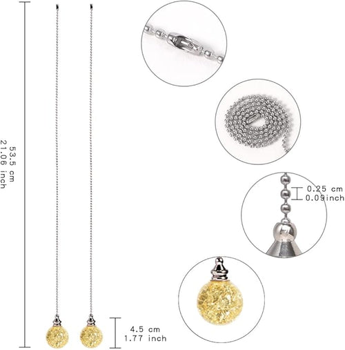 2PCS Yellow Pull Chain Crystal Glass Ice Cracked Ball Pull Chain for Ceiling Fan Light Decoration 50cm Extension Chain
