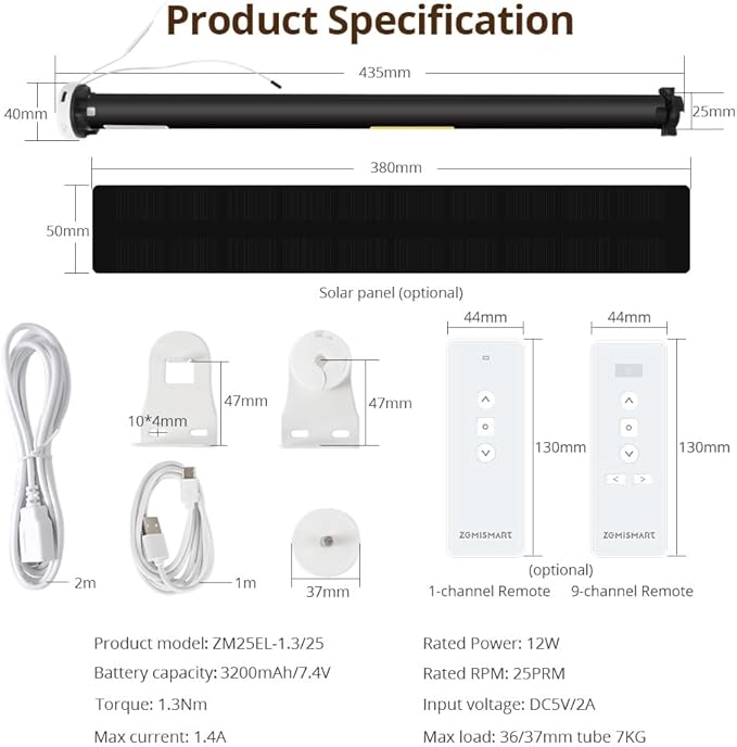 Blindsmart Rechargeable Tuya Zigbee Roller Blinds Motor for 38mm Tube, Motorized Window Shades Automatic Blinds Curtain Opener APP Control, Zigbee Hub Required (with 1-Channel Remote + Solar Pannel)