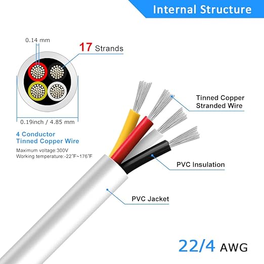 22 Gauge 4 Conductor Electrical Wire, 16.4FT White Stranded Low Voltage 22/4 Cable PVC Case, 22 AWG Tinned Copper 4 Wire Extension Power Cable for LED Lamp Lighting, Automotive