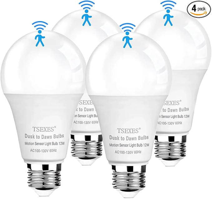 TSEXES Motion Sensor Light Bulbs, 12W (100Watt Equivalent), Motion Activated Dusk to Dawn Security LED Bulb, 3000K Soft White for Outdoor & Indoor,Porch, Stairs, Hallway, 4-Pack