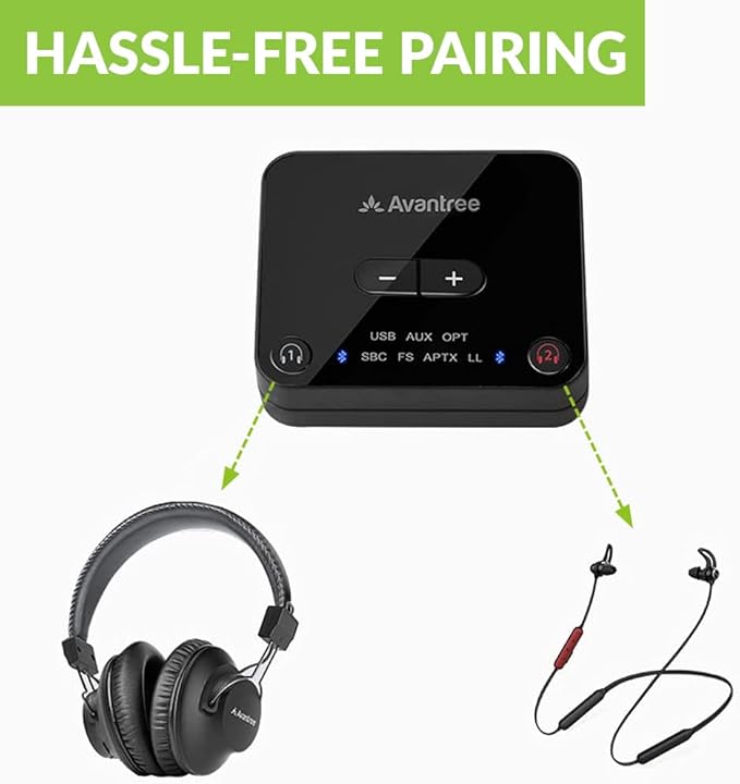 Avantree D4169 Dual Wireless Headphones & Earbuds Set for TV Watching with Bluetooth Transmitter, Personalized Volume Control, Plug-n-Play, No Audio Delay