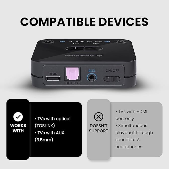 Avantree Audikast 3 – Bluetooth 5.3 Transmitter for TV Audio via Optical & AUX Outputs Only, aptX Adaptive, Dual Headphone Connection, 100ft Range – Not for HDMI–Only TVs
