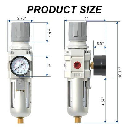 AIRZOE 1/2" NPT Air Filter Regulator Combo Piggyback, 5 Micron Brass Element - Image 2
