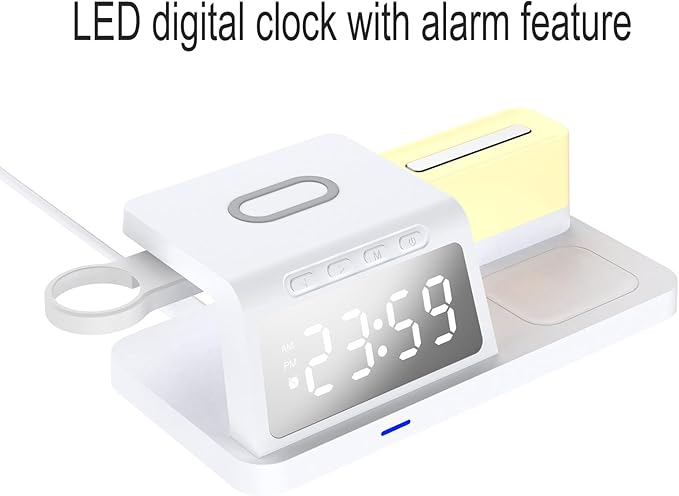 FJHBL Multi-Functional Wireless Charger with Clock -HT309(White), Alarm, Color-Switchable Night Light, 15W Wireless Charging, Compatible with Almost All Qi-Enabled Phones, Watches, and Earbuds.