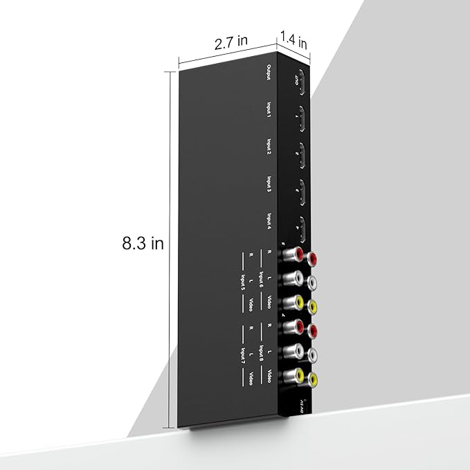 8 in to 1 Out RCA/HDMI Switcher，4 Way HDMI 2.0 + 4 RCA to HDMI Converter，4:3/16:9 Switcher Support 4K and 3D for PS1/2/3/4/5, N64, SNES, Switch, DVD, Roku, Fire Stick，etc.