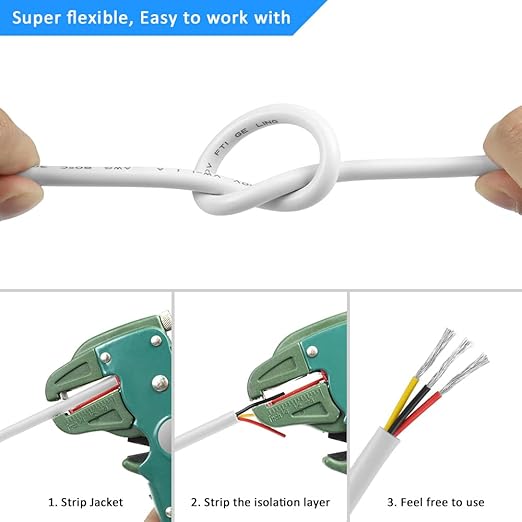 DEKIEVALE 22 Gauge 3 Conductor Electrical Wire, 32.8FT White Stranded Low Voltage 22/3 Cable PVC Case, 22 AWG Tinned Copper 3 Wire Cable, Flexible Extension Power Cord for LED Lamp Lighting Automotive