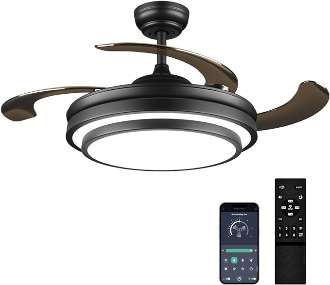 42 Inch Black Modern Ceiling Fan with Lights and APP Control,Retractable Fandelier Celing Fan with Light, 6 Speed,Light Dimmable Memory,Silent Reversible Motor for Bedroom Kitchen Living Room